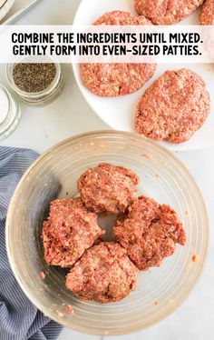 some meat patties are in a bowl next to other ingredients on the counter top