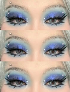 Blue Eye Makeup Alternative, Outerspace Aesthetic Outfit, Early 00s Makeup, Alt Blue Makeup, Under The Sea Makeup Looks, Ocean Inspired Makeup, Blue Heart Makeup, 2000s Scene Makeup, Blue And White Makeup Looks