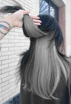 Peekaboo Ash Gray, Black Hair Grey Underneath, Balayage Hair Grey Ash Blonde Silver Ombre, Gray Hair Underneath, Black And Silver Peekaboo Hair, Grey Underneath Hair, Black Hair With Silver Underneath, Straight Hair Dye