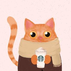 an orange cat wearing a scarf and holding a starbucks cup