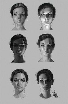 six different angles of the face of a woman with various facial expressions and hair styles