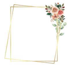 a gold frame with pink flowers and greenery on the edges is featured in this watercolor painting