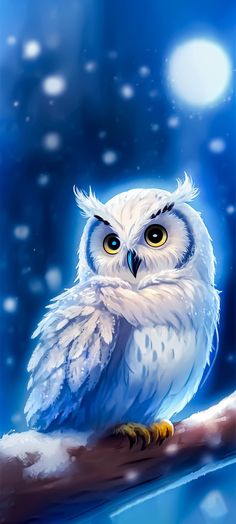 an owl sitting on top of a tree branch in front of the night sky with snow