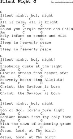 the silent night guitar chords are shown in black and white