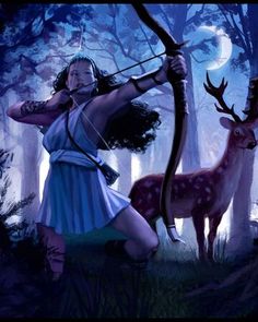 a woman in the woods with a bow and arrow next to a deer that is standing behind her