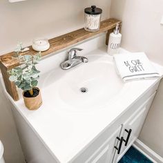 a bathroom sink with a wooden shelf above it and a potted plant on the counter