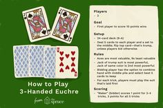 the instructions for how to play 3 - handed eughe card game with green background