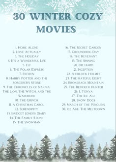 the 30 winter cozy movies list with snowflakes and evergreen trees in the background