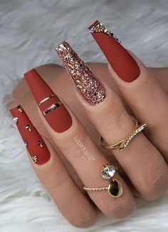 Gold Glitter Nails, Stylish Nails Designs, Nails Design With Rhinestones, Fall Acrylic Nails, Long Acrylic Nails Coffin, Red Nail, Bling Acrylic Nails, Nailed It