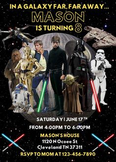 star wars birthday party flyer with two men in costume and one man dressed as darth vader