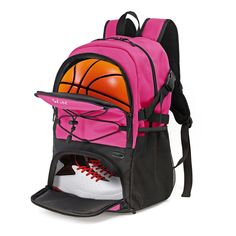 a pink backpack with a basketball inside it