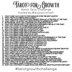 a black and white photo with text that reads tarot for growth march taro challenge