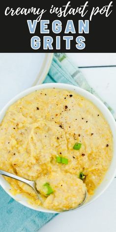 creamy instant pot vegan grits in a white bowl with a spoon on the side