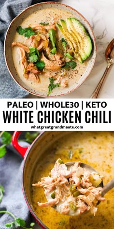 paleo white chicken chili with avocado and cilantro