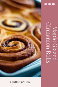 cinnamon buns on a pan with text overlay