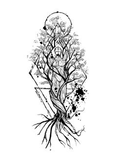 a black and white drawing of a tree