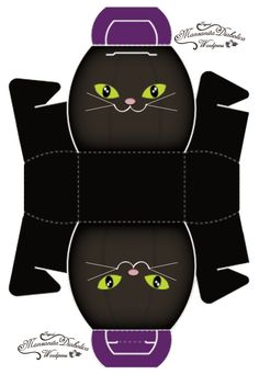 a paper box with two green eyes and a black cat's face on it