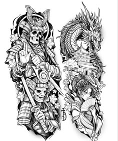 an ink drawing of two samurais and a dragon on the side of their body