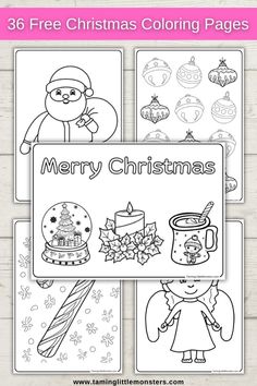 christmas coloring pages for kids with santa and snowman in the background, on top of a