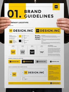 a person holding up a yellow and black poster with the words brand guidelines on it