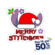 merry christmas sticker with santa's hat and holly leaves on it, 50 % off