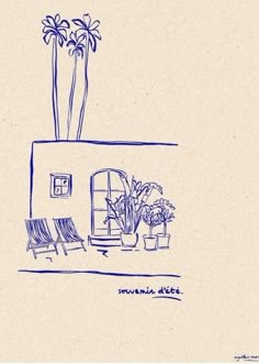 a drawing of a house with two chairs and a potted plant