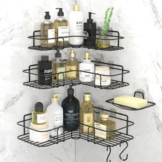 three tiered bathroom shelf with soaps, lotions and other personal care products