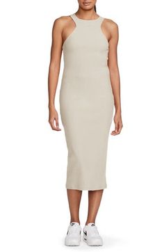 Sporty and supercomfy, this body-skimming midi dress flaunts sculptural cutaway shoulders and ribbed jersey that's soft, stretchy and opaque. 46" length (size Medium) Crewneck Sleeveless, with cutaway shoulders Racerback Unlined 33% rayon, 32% acrylic, 31% cotton, 4% spandex Machine wash, tumble dry Imported Spring Longline Bodycon Midi Dress, Solid Stretch Ribbed Midi Dress, Solid Color Ribbed Stretch Midi Dress, Stretch Knee-length Ribbed Midi Dress, Ribbed Stretch Midi Dress, Fitted Ribbed Longline Midi Dress, Sleeveless Ribbed Midi Dress, Spring Longline Ribbed Dresses, Spring Ribbed Longline Dresses