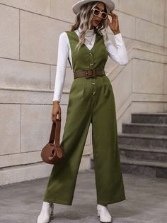 Army Green Casual Collar Sleeveless Fabric Plain Overall Embellished Non-Stretch  Women Jumpsuits & Bodysuits Jumpsuit Fall, Jumpsuit Outfits, Overall Jumpsuit, Glam Outfit, Casual Jumpsuit, Refashion Clothes