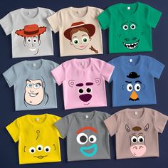 children's t - shirts with cartoon faces on them, all in different colors