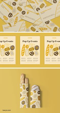 the packaging design for pop up events is shown in three different colors and sizes, including yellow