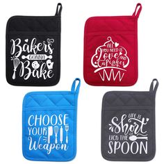 four oven mitts with sayings on them, one is red and the other is blue