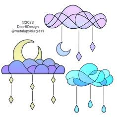 an image of clouds and moon in the sky with wind chimes hanging from them