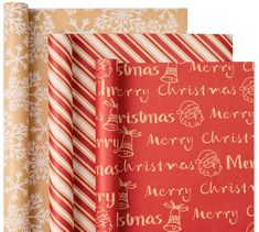 three christmas wrappings are stacked on top of each other in different patterns and colors