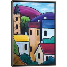 a painting of some buildings and trees in the background