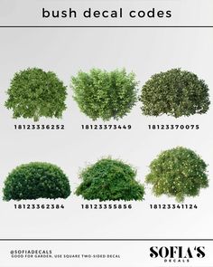 bush decals are shown in different sizes and colors for each type of shrub or tree