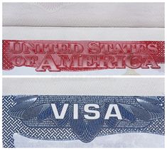 the united states of america visa stamp is shown in two different colors and font styles