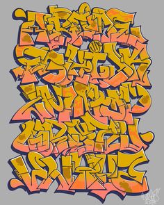 an image of graffiti written in different colors on a gray background with orange and yellow letters