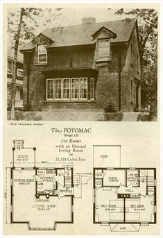 an old house with two floors and three windows in the front, and another floor plan for