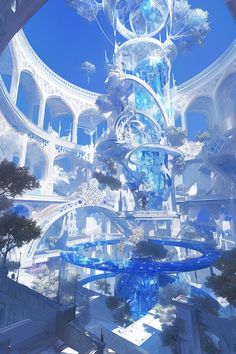 an artistic view of a futuristic building with blue and white decorations on the ceiling, surrounded by trees