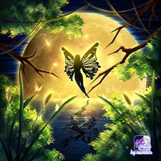 a painting of a butterfly sitting on top of a tree branch in front of a full moon