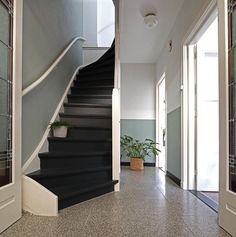 an empty hallway with stairs and potted plants