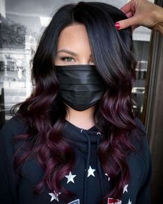 Black Cherry Hair Color Balayage, Black Burgundy Balayage, Black And Wine Hair, Black Cherry Ombre Hair, Dark Hair With Burgundy, Dark Hair With Burgundy Highlights, Burgundy And Black Hair, Blackberry Hair Color Dark, Dark Fall Hair Color Ideas