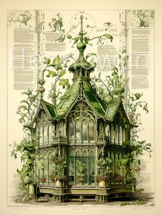 an illustration of a victorian house surrounded by greenery