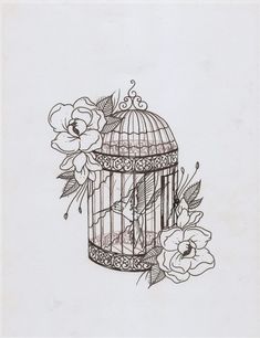 a drawing of a bird cage with flowers on it