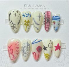 Manhwa Nails, Kimi Ni Todoke Nails, Ghibli Nail Designs, Ghibli Nails Acrylic, Haikyuu Nails, Short Studio Ghibli Nails, Studio Gibhili Nails, Doodle Nails, Studio Ghibli Nails