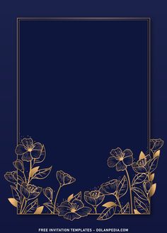 a blue background with gold flowers and leaves on the bottom, along with a golden frame