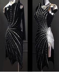 the dress is black and white with silver sequins on it's back