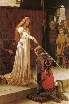 ♥ Pre-Raphaelite painting ~ in other words, a romanticized painting ~ of a Medieval royal lady knighting a nobleman.  'The Accolade' (1901) by Edmund Blair Leighton (1852-1922) The Accolade, Era Victoria, Pre Raphaelite Art, Rennaissance Art, Pre Raphaelite, Classic Paintings, Old Paintings, 판타지 아트, Romantic Art