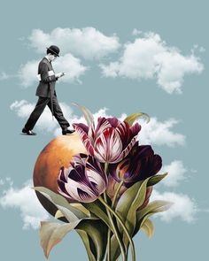 a man walking across a blue sky with flowers in the foreground and clouds in the background